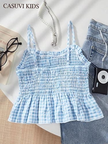 RoseSeek Girl's Y2K Gingham Peplum Cami Tops Ruffle Hem Spaghetti Strap Babydoll Plaid Summer Crop Top thumbnail 2