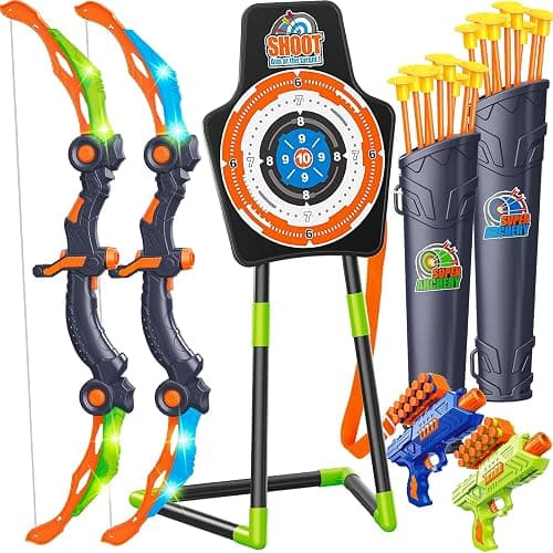 GMAOPHY Bow and Arrow for 5 6 7 8 9 10 11+ Year Old Boys, Birthday Gift for Kids, Indoor Outdoor Activity Toys, 2 Pack LED Light Up Archery Toy with 20 Suction Cup Arrows, Standing Target - Green thumbnail 8