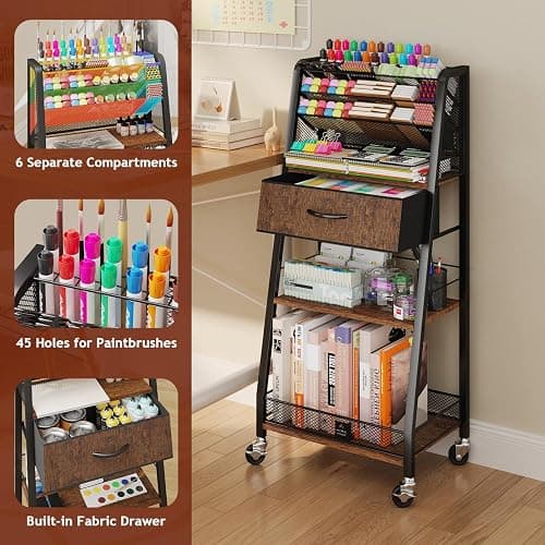 Homsorout 3 Tier Rolling Cart - Metal Utility Cart with Storage Drawer and Wheels, Versatile Art & Craft Organizer for Home, Office, or Studio - Ideal for Storing Brushes, Paints, and Supplies thumbnail 4
