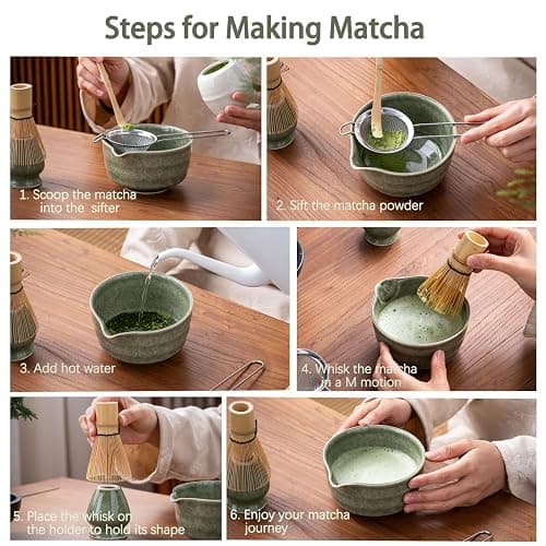 Buucup Matcha Set, Matcha Bowl with Spout, Matcha Whisk and Holder, Bamboo matcha Scoop and Stainless Sifter - 5 Pcs Jade Green Matcha Set Kit for Matcha Lover thumbnail 6