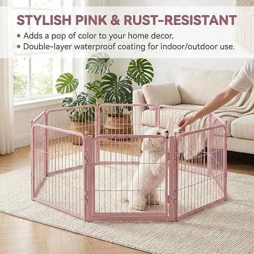 Freepet Pink Dog Playpen for Small Dogs & Puppies - 24 Inch Metal Pet Fence Indoor Outdoor with Door, Foldable Exercise Pen, Portable Rabbit Enclosure for Camping, RV, Yard (8 Panels) thumbnail 4