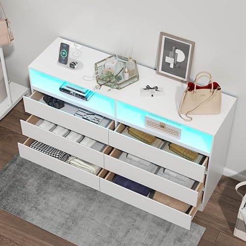 Gyfimoie 6 Drawer Double Dresser with Power Outlet, Accent Chests of Drawers with LED Light, Modern White Storage Dresser with Charging Station (Mirror Not Included) thumbnail 8