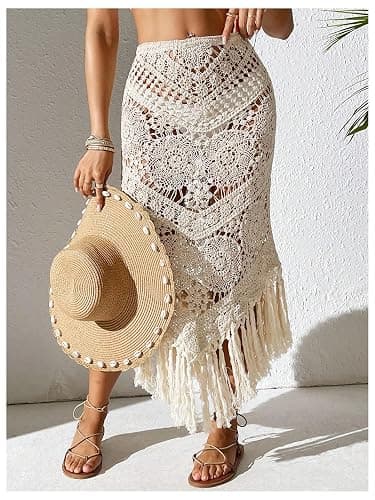 GORGLITTER Women's Crochet Beach Skirt Hollow Out Fringe High Waisted Bathing Suit Cover Up thumbnail 4