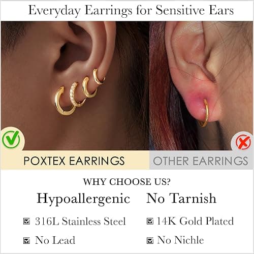 Christmas Earrings Small Gold Huggie Hoop Earrings Set for Women Men Hypoallergenic 14K Plated Stack Cartilage Earrings, Multiple Piercing Lightweight Mini Thin Cute Dainty Trendy Jewelry Set Christmas Gifts for Women thumbnail 8