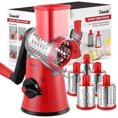 Geedel Rotary Cheese Grater Cheese Shredder - Upgraded 5-in-1 Cheese Grater with Handle and Strong Suction Base, Multi-purpose Vegetable Slicer Ice Shaver Nuts Grinder for Ice, Vegetables, Fruit, Nuts - Image 1