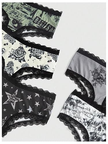 WDIRARA Women's 5 Pack Set Goth Graphic Print Mesh Sheer Lace Trim Mid Rise Underwear Briefs thumbnail 4