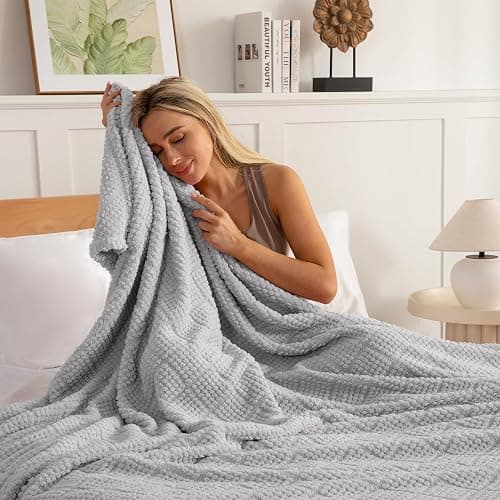 Whale Flotilla Fuzzy Fleece King Size Blanket for Bed, Soft Fluffy Jacquard Waffle Blankets for All Season, Lightweight and Warm, 90x104 Inch, Light Grey thumbnail 3