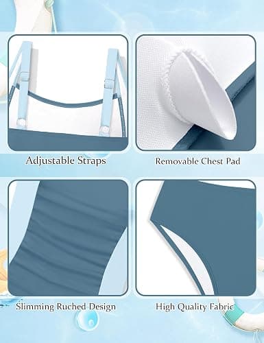 HOTOME Girls Tankini Swimsuit Solid Color Blocking Two Piece Bathing Suit Ruched Slimming Teen Girls' Swimwear for 9-18Years thumbnail 6