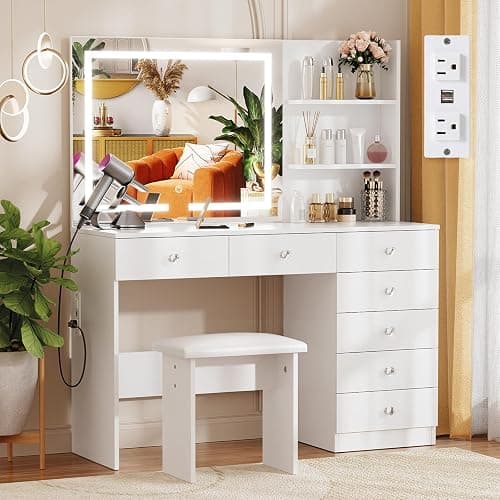 VOWNER Vanity with Lighted Mirror - 47" Makeup Vanity Desk with 7 Drawers, 3 Storage Shelves and Outlet, 3 Color Lighting Modes with Adjustable Brightness, Makeup Desk with Stool for Bedroom (White) - Image 1