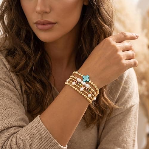 SHINUS BOHO 14K Gold Pearl Beaded Cross Bracelets Stack Set for Women,Stretch Boho Colorful Christian Beads Ball Jewelry Trendy Gift thumbnail 3