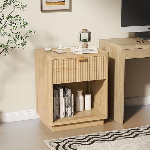 Nasonet Fluted Nightstand Charging Station,Wood Modern Night Stands Storage Cabinet for Bedroom,Oak Bedside Table with Drawers thumbnail 9