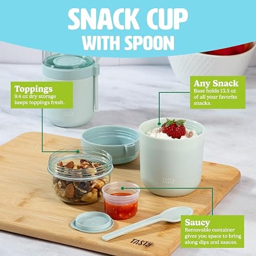 Tasty Travel Snack Cups with Spoons, On-The-Go Snacking, Divided Compartments, Great for Nuts, Cereal, Granola, Yogurt and More, Made Without BPA, 2-Pack, Aqua thumbnail 3