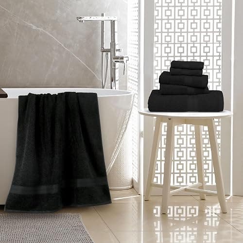 Amazon Basics 6 Piece Oversized Fade resistant Towel set, 100% Cotton towels for bathroom, soft and absorbent, 2 Bath Towels, 2 Hand Towels and 2 Washcloths bathroom towel set, Black thumbnail 2