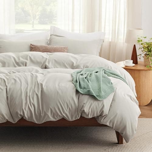 Bedsure Duvet Cover Queen Size with Fitted Sheet - 4 Pieces Prewashed Cotton-Like Extra Soft Bedding Set, Includes 1 Duvet Cover 90x90 Inches with Zipper Closure, 2 Pillow Shams, 1 Fitted Sheet, Linen - Image 1