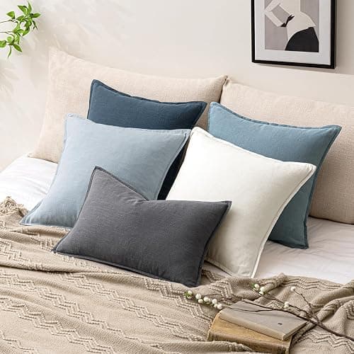 Woaboy 24x24 Inch Set of 2 Decorative Linen Solid Throw Pillow Covers Boho Accent Farmhouse Couch Pillowcases Modern Netural Euro Home Decor for Couch Sofa Living Room Bed,Light Blue thumbnail 5