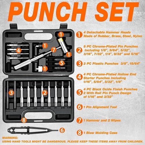 BESTNULE 25pc Punch Set and Hammer, Roll Pin Punch Set with Bench Block | Complete Punch Set, Enhanced Magnetic Bench Block, 4 Replaceable Hammer Faces, Heat-Treated 40#Cr Steel, Compact Case thumbnail 3