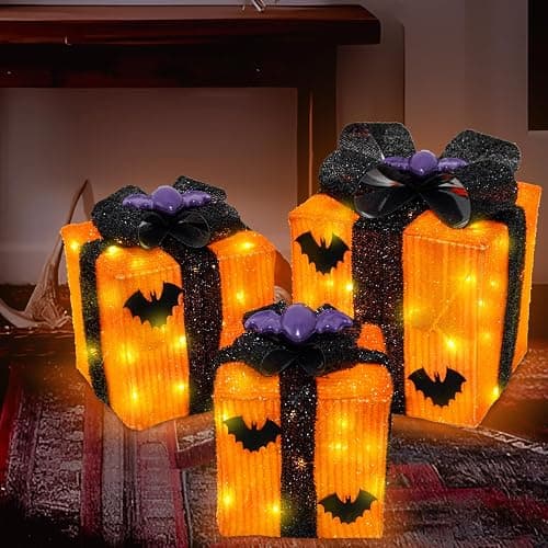 Caxchiling Halloween Lighted Gifts Boxes 3 Pak Gift Boxes with 52 Led Lights Bats Battery Operated Timer Light Up Boxes Decorations for Indoor Home Porch Party Yard - Top bat decor thumbnail 3