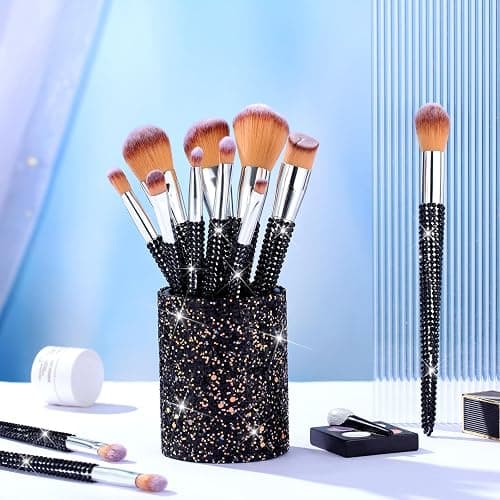 Rtteri 13 Pcs Rhinestone Black Makeup Brushes Set Bling Crystal Professional Face Cosmetics Blending Liquid Foundation Powder Concealer Eye Shadows Make up Beauty Tool Glitter with Holder thumbnail 7