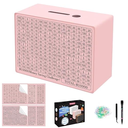 Wooden Money Saving Box, Cash Vault Savings Box for $10000 $5000 $3000 $1000 $800 $500 Target Money Saving Challenge, Reusable Money Box with Counter, Dry Erase Pen/Savings Trackers/Rubber Band-Pink - Image 1