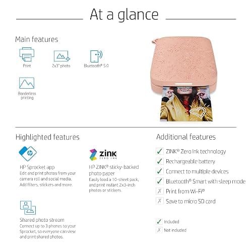 HP Sprocket Portable 2x3 Instant Color Photo Printer (Blush Pink) Zink Paper Bundle thumbnail 7
