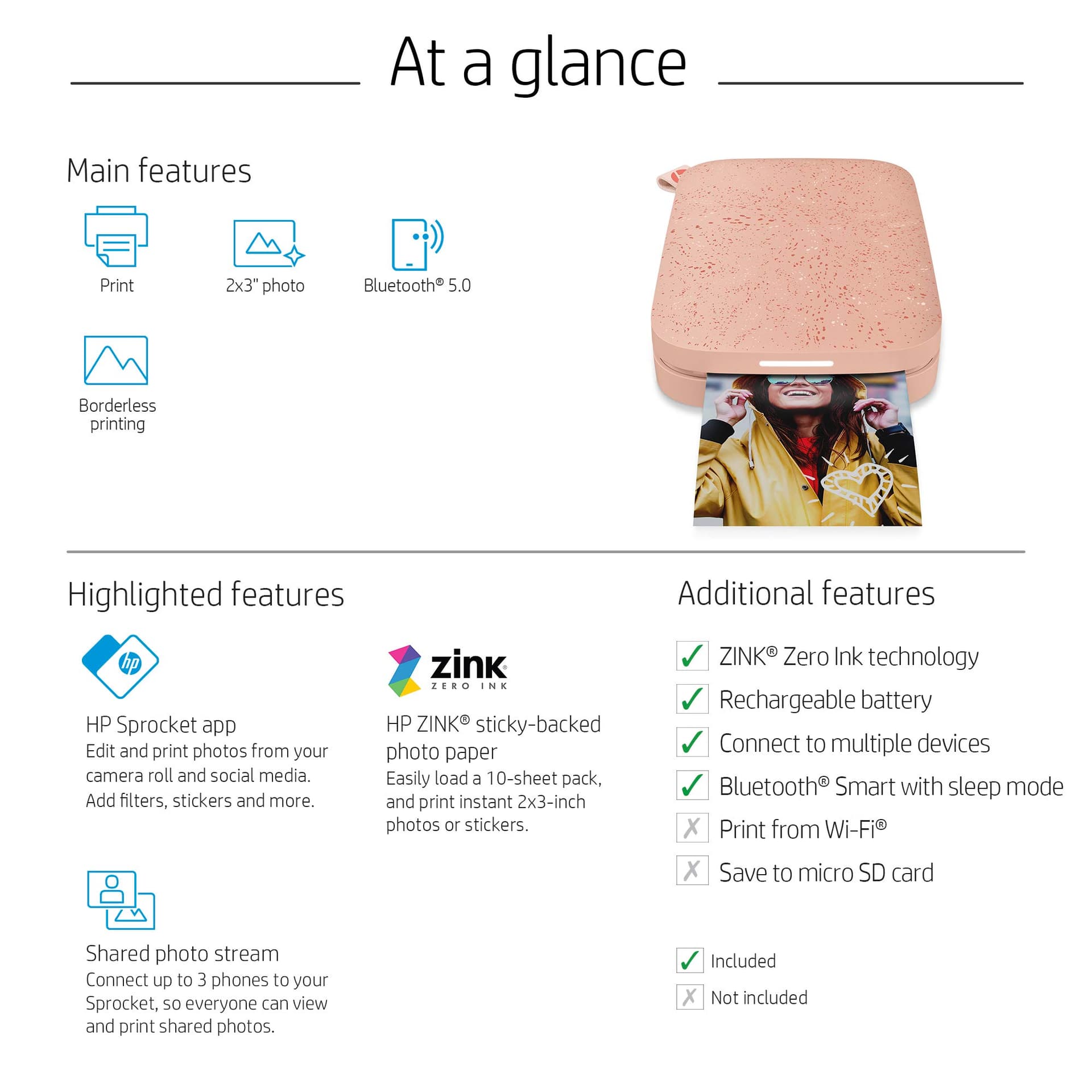 HP Sprocket 2x3" Instant Smartphone Foto Printer - Draagbare Kleurrijke Draadloze Mobiele Printer - Zink Plakfoto's 2x3” - Printen vanaf iOS & Android met Bluetooth en Fun App - Roze thumbnail 7