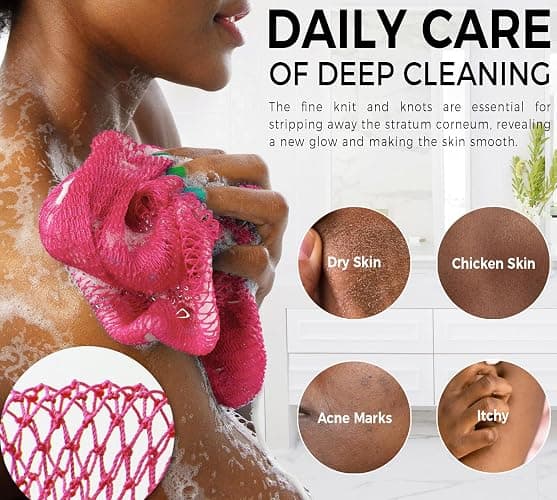SHOWER | Amazon | African Net Sponge Authentic - Real African Exfoliating Sponge with Knots - African Net Washcloths for Body Scrubber Exfoliator - Back Scrub for Shower - Pink thumbnail 5