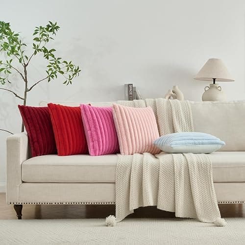 FUTEI Cream White Striped Decorative Throw Pillow Covers 18x18 Inch Set of 2,Square Spring Decorations Couch Pillow Case,Soft Cozy Faux Rabbit Fur & Velvet Back,Modern Home Decor for Bed thumbnail 2