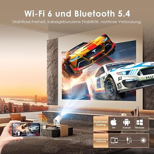Salange Mini Beamer 2026,4K Unterstützt Smart Projektor Android 14, Tragbarer mit WiFi 6 und Bluetooth 5.4 Auto Keystone, Klein Handy Beamer Heimkino Outdoor,270°Dreh kompatibel,Weiß thumbnail 3