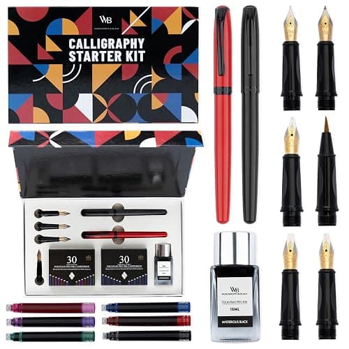 Wordsworth and Black Calligraphy Pen Set - Black - Includes 2 Calligraphy Pens, 18 ML Ink Bottle, 60 Ink Cartridges, Ink Refill Converter, 1 Medium and 4 Broad Nibs, Brush Pen - Image 1