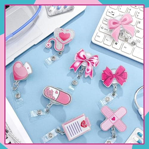 XunYee 8 Pack Pink Bow Nurse Badge Reels Xmas Retractable ID Name Nursing Medical Reels Badge Holder Christmas Stocking Gift for Nursing Student, ID Card Office Nurses Student, Teacher, Medical Worker thumbnail 2