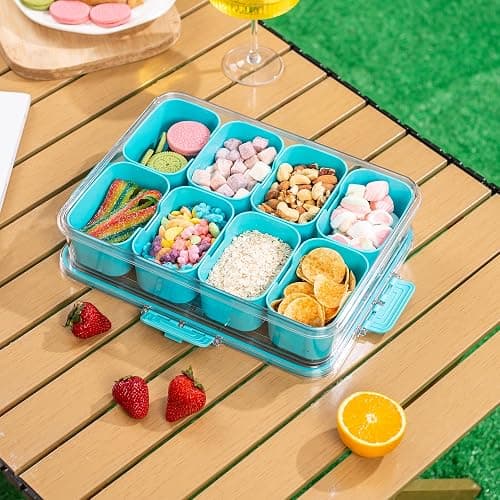 WACOI Divided Snack Serving Tray with Lid and Handle Travel Snackle Charcuterie Container Portable Storage Organizer for Candy, Fruits, Nuts, Snacks, Party, Picnic (1pack, Lake blue) thumbnail 7