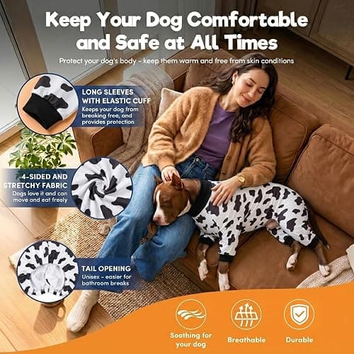 LovinPet Large Dog Pajamas, All-Season Animal Print, White, XL | 4-Leg Cotton Blend Bodysuit; Ribbed Cuffs; Warm Pajamas for Pitbulls and Big Breeds; Black; Large Breed Dog Jammies thumbnail 6