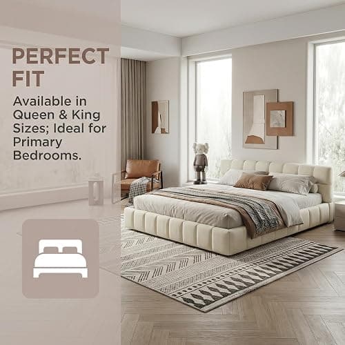 BRILVERDE Upholstered Bed with Slatted Frame and Backrest, Double Bed, Youth Bed, Flat Bed with Padded Border, Padded Bed, Youth Bed Frame, Linen (Beige, 140 x 200 cm) thumbnail 5