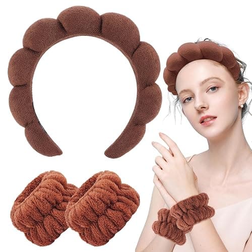 Zkptops Spa Headband for Washing Face Wristband Set Sponge Makeup Skincare Terry Cloth Bubble Soft Get Ready Hairband for Women Girl Puffy Padded Headwear Non Slip Thick Hair Accessory(Dark Brown) thumbnail 8
