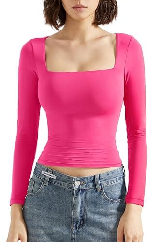 SUUKSESS Women Square Neck Long Sleeve Tops Double Lined Going Out T Shirts thumbnail 2