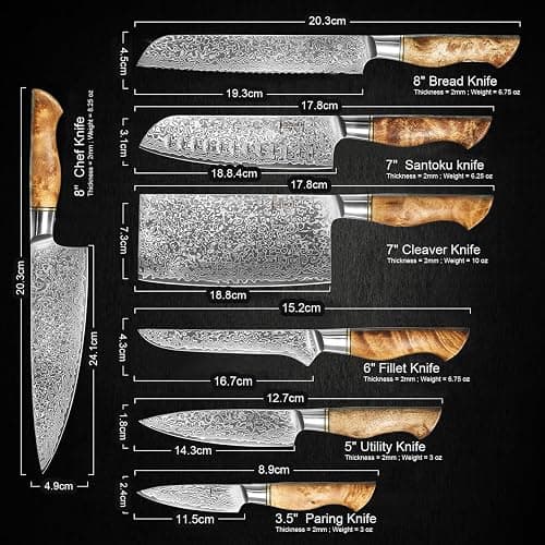 SENKEN 7-Piece Damascus Kitchen Knife Set - Dynasty Collection - 67-Layer Japanese VG10 Steel with Sycamore Wood Handles, Chef's Knife, Cleaver, Bread, Santoku, Boning, & More thumbnail 3