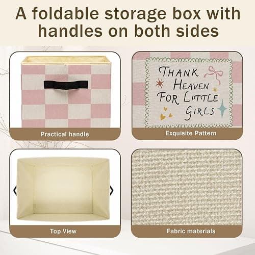 Girls Nursery Blessing Storage Bins Box Foldable Basket for Organizing | girls room collapsible storage bins box with handles, motivational checkered basket organizer for bedroom playroom, 10x14 in thumbnail 7