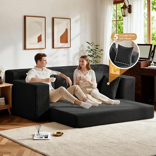 Winzoo Convertible Sofa Bed, Pull Out 3 Seater Sleeper Sofa, 70" Black Boneless Couch Fold Out Floor Couch with 5 Pillows for Living Room Bedroom Lounge Small Space thumbnail 4