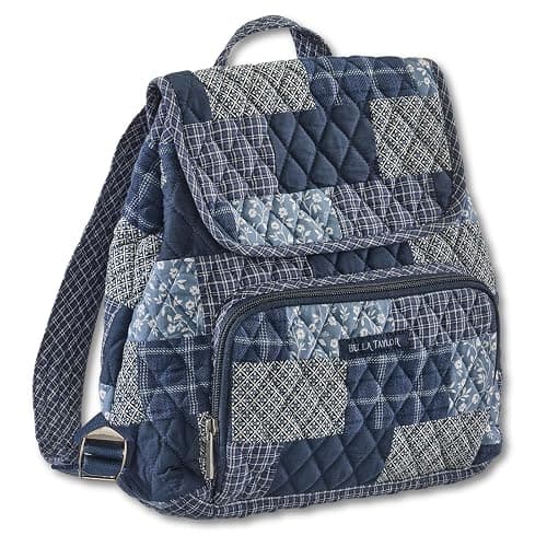 Bella Taylor Mini Backpack, Quilted Hands-Free Bag, Heritage Blue Patch | Lightweight 6-pocket quilted cotton backpack, adjustable straps, machine washable, fits water bottle, tablet, snacks, wallet - Image 1