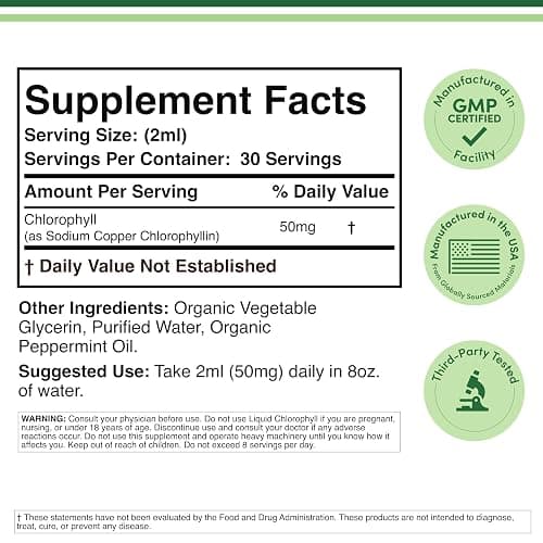 Chlorophyll Liquid Drops - for Digestion, Gut Health, Energy and Detox - Vegan Safe (Rich, Full Texture and Taste, Not Watered Down), 2oz Peppermint Flavored, by Double Wood thumbnail 2