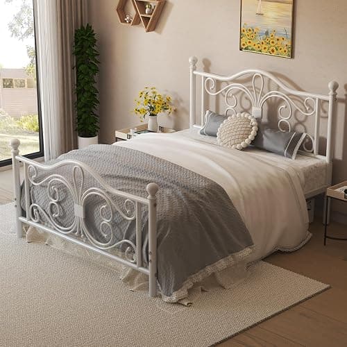 LOEWAY Full Size Bed Frame/Metal Platform Bed Frame with Butterfly Pattern Design Headboard and Footboard/Strong Metal Slats Support/No Box Spring Needed/Easy Assembly/Noise-Free/White thumbnail 9