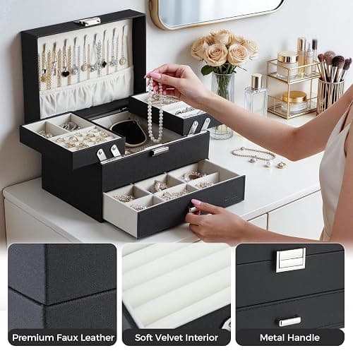 Dajasan Jewelry Organizer Box, Large Jewelry Boxes for Women Girls, Space-Saving 3 Layers Jewelry Storage Case with Drawer, Movable Metal Stand, Modern, Gift Idea (Black) thumbnail 5