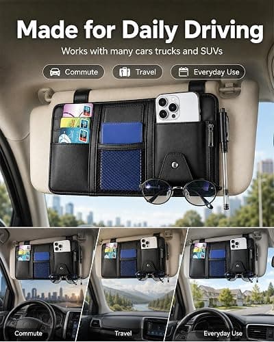 All‑in‑one Sun Visor Organizer Double Zippers Elastic Bands & Glasses Clip | Daily Driving for Cards, Money, Tickets, Leather Interior Accessories, Car Truck Suv Storage Pouch Holder(Black) thumbnail 8