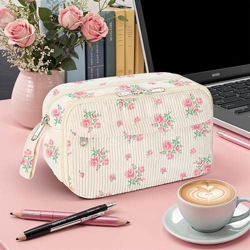 WOBAGMEN Cute Pencil Case for Girls,Large Corduroy Zippered Pencil Case Pouch, aesthetic Pencil Bag with Compartments, Soft Pencil Pouch School Supplies for Teen Girls Boys and Women(pink floral) thumbnail 2