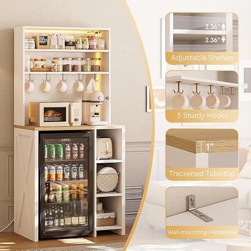IRONCK Bakers Rack with Mini Fridge Space, 69.3" Microwave Stand, White | 7-Tier Coffee Bar Station, Power Outlets, LED Lights, Space-Saving Utility Organizer for Small Apartment, Dorm, Living Room thumbnail 7