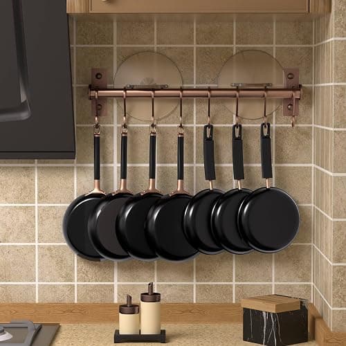 Dseap Kitchen Utensil Holder Hanger, Pot and Pan Rack Wall Mounted, Kitchen Rail with 8 Hooks for Hanging Cooking Utensils, Mugs, Spoons, Wall Mounted, Antique Copper New, Pack of 2 thumbnail 4