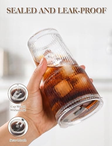 Amyoole 20 oz with Lids and Straws Ribbed Glass Cup Set of 4 | Clear Drinking Glasses, Reusable Vintage Iced Coffee Tumbler, Leak Proof Thick Glassware for Juice,Cocktail,Smoothie,Beer thumbnail 4
