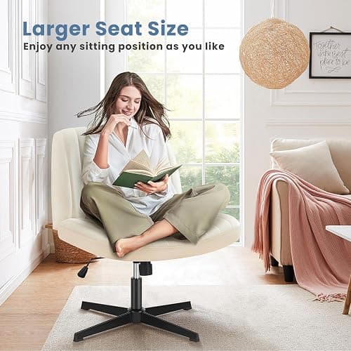 DUMOS Criss Cross Chair Legged Office Wide Comfy Desk Seat, No Wheels Armless Computer Task Seating, Swivel PU Leather Vanity Home Height Adjustable thumbnail 3