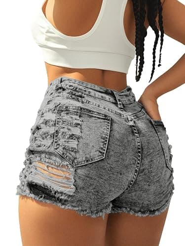 Avanova Women Jean Denim Sexy Mini Shorts Ripped Distressed Cut Off Stretchy Raw Hem Hot Pants Shorts - X-Large - Grey Multi thumbnail 3