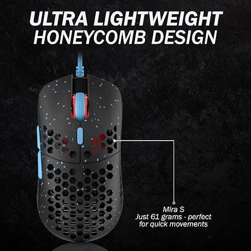 HK Gaming Mira S Ultra Lightweight RGB Gaming Mouse | Honeycomb Shell | 61 Grams | max 12000 cpi | USB Wired | 6 programmable Buttons | On-Board Memory | Anti Slip Grips | Mira-S Blue Phantom thumbnail 3